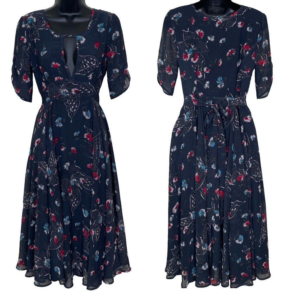 Free People Butterfly Floral Dress Womens 2 Blue Chiffon Keyhole Midi Cottage